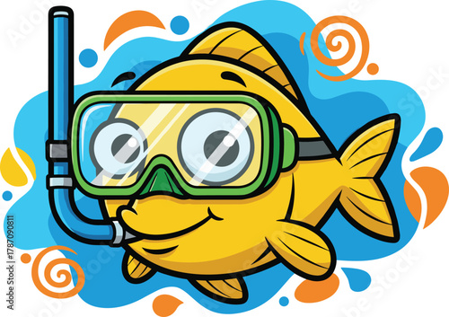 Cartoon fish, diving mask, snorkel, underwater, happy animal, kids illustration, marine life, playful art, ocean splash, vector drawing