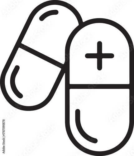 Simple outline icon of two medical capsules with a plus sign