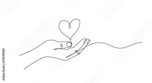 Minimalist single line drawing of a hand gently holding a heart symbolizing love care and support