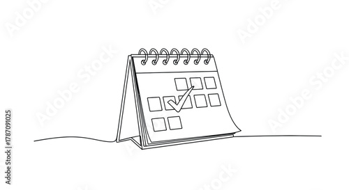 Minimalist single line drawing of a desk calendar with a checkmark on a specific date