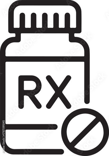 Prescription medication bottle with rx symbol and prohibition sign