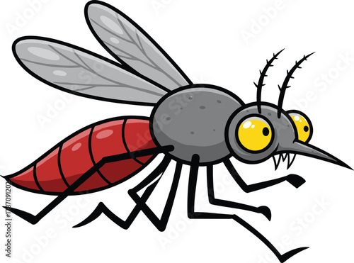 Cartoon mosquito illustration, funny insect character, vector bug drawing, exaggerated eyes, red abdomen, educational animal art, children’s biology graphic