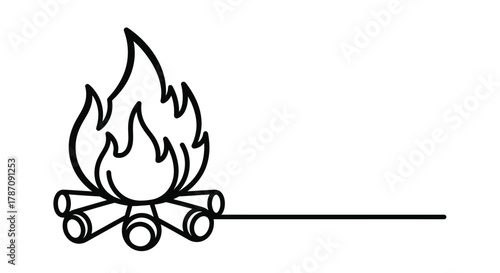 Simple line art illustration of a campfire with burning flames and stacked logs on a white background