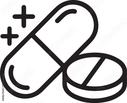 Medical icon of pills and capsules with plus signs