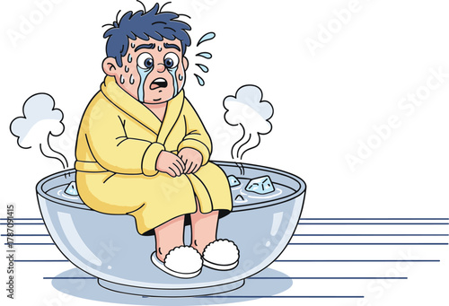 Cartoon person in ice bath, cold therapy concept, shivering character, wellness recovery, funny illustration, cryotherapy discomfort, vector art, humor