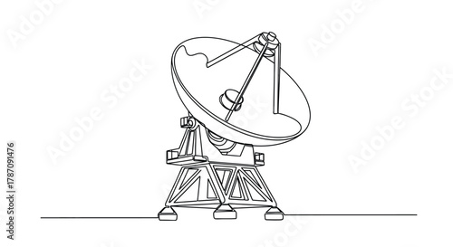 A minimalist line art illustration of a large parabolic satellite dish antenna on a sturdy support structure against a white background