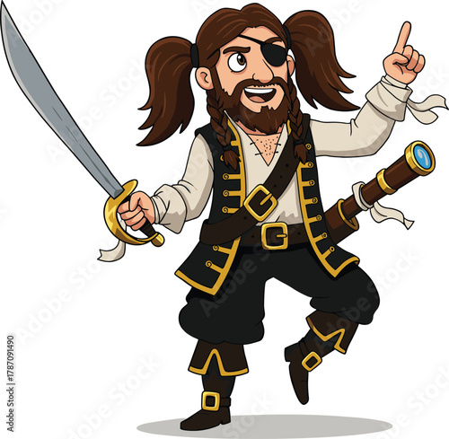 Cartoon pirate character, vector illustration, adventurous pose, sword in hand, black eye patch, fantasy costume, playful style, stock image
