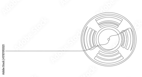 Continuous line drawing of a film reel with a single thread unspooling into empty space