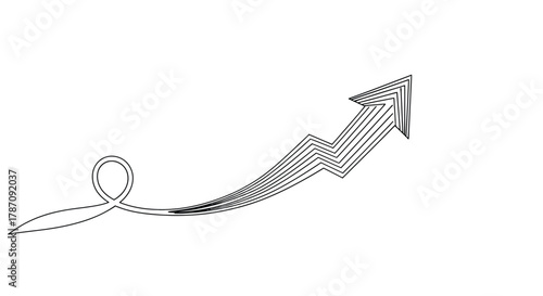 Abstract black line art depicting a winding path leading to a sharp upward trending arrow representing progress and success