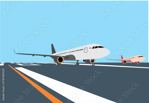 Flat vector illustration of two airplanes on an airport runway under a clear blue sky, showing a modern aviation scene