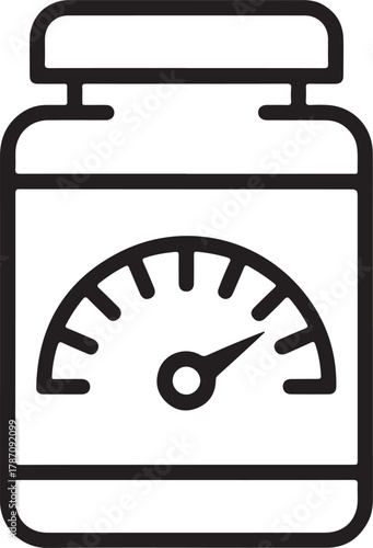 Supplement bottle with a speedometer icon on the label