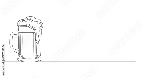 Minimalist continuous line drawing of a frothy beer mug overflowing with foam on a white background