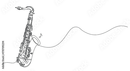 Elegant single line drawing of a saxophone with musical notes and flowing sound waves