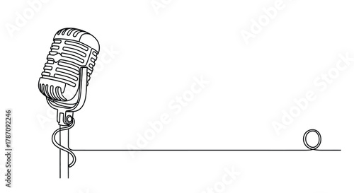 A minimalist single line drawing of a vintage microphone on a stand with a coiled cable extending to the right