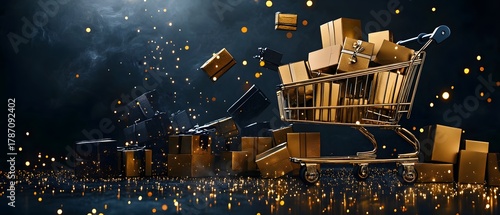 Golden cart with gifts on dark Black Friday sale.
