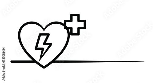 Iconic representation of a heart with a lightning bolt and a medical cross symbolizing cardiac care
