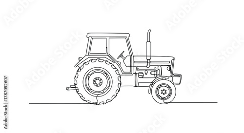 A minimalist black and white line drawing of a classic agricultural tractor with large rear wheels