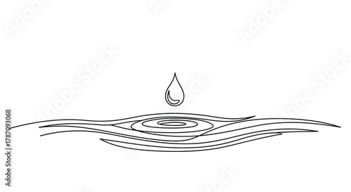 Minimalist single line drawing of a water droplet falling into rippling water creating concentric circles