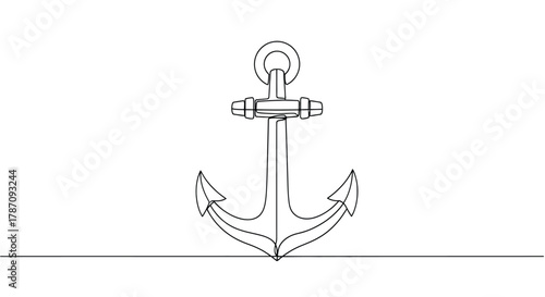 A minimalist continuous line drawing of a classic nautical anchor resting on a horizontal line against a white background