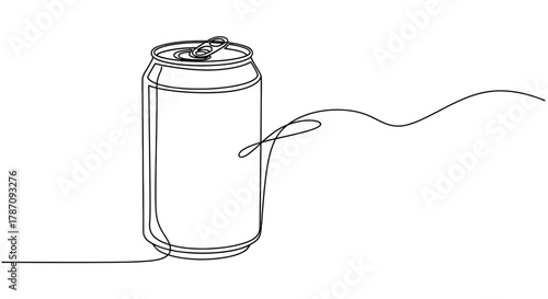 Minimalist single line drawing of an open soda can with a wavy trail of smoke or vapor emanating from it