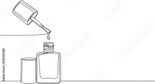 Minimalist continuous line art illustration of a nail polish bottle with brush and a single drop of polish falling