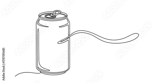 Minimalist single line drawing of an open soda can with a wavy stream of liquid emerging from its opening