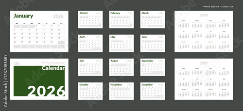 2026 Calendar Planner Set of Template grid Monthly Page, Cover with Place for Photo, Company Logo, Annual 2026, 2027. Vector layout of wall or desk organizer ready print. Week start Monday. Pages A4