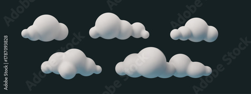 White 3D cloud set in cartoon style. Vector illustration with fluffy, soft and realistic shapes. White cloud appears cute and decorative, perfect for weather, sky, or fantasy design
