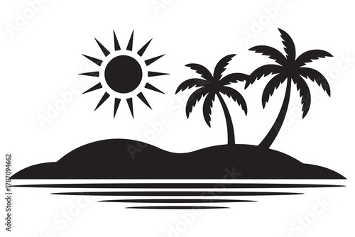 Tropical island tree silhouette icon with palm tree and ground shadow on a clean white background
