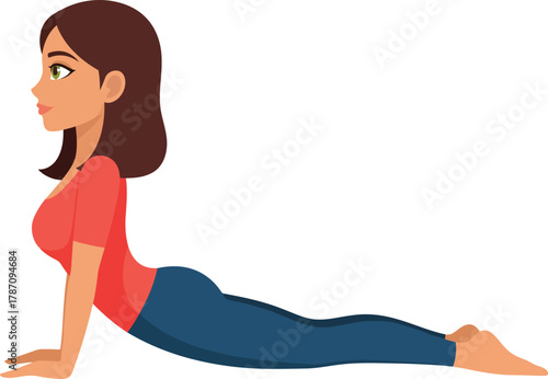 Focused woman demonstrates a relaxing yoga bhujangasana pose, embodying fitness and a healthy lifestyle exercise for well-being