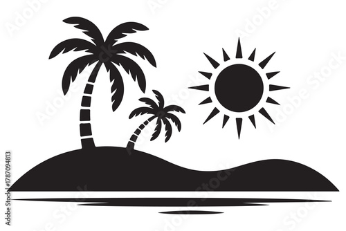 Tropical island tree silhouette icon with palm tree and ground shadow on a clean white background
