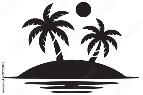 Tropical island tree silhouette icon with palm tree and ground shadow on a clean white background
