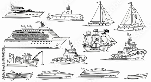 Collection of various hand-drawn boats and ships in different styles.