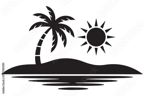 Tropical island tree silhouette icon with palm tree and ground shadow on a clean white background
