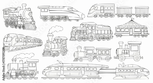 A Diverse Collection of Hand Drawn Train and Locomotive Illustrations.
