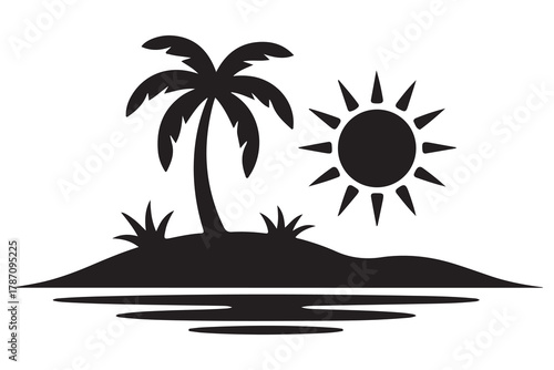 Tropical island tree silhouette icon with palm tree and ground shadow on a clean white background

