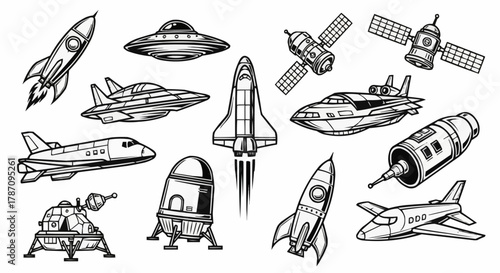 Collection of Spacecraft and Rockets in Detailed Line Art.