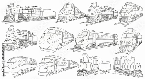 Collection of various train types in detailed line art style.