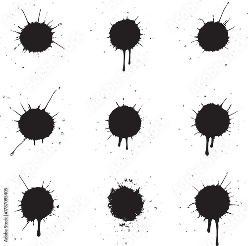 A set of black ink blots and splatter vector silhouettes for a dirty grunge design illustration