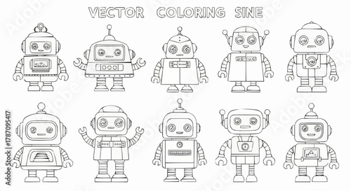 Collection of Cute Cartoon Robots in Outline Style for Coloring.