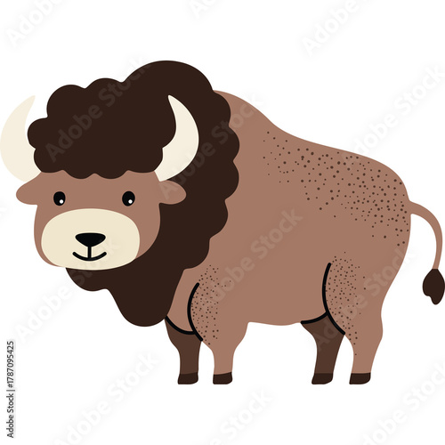 Brown Bison Animal Illustration With Fluffy Mane And Curved Horns Standing On Transparent Background