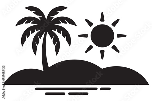 Tropical island tree silhouette icon with palm tree and ground shadow on a clean white background
