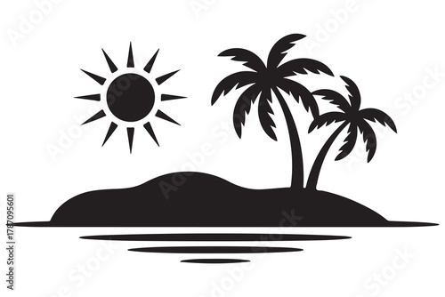 Tropical island tree silhouette icon with palm tree and ground shadow on a clean white background
