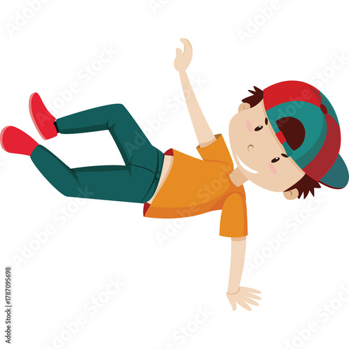 Cartoon Boy Breakdancing Mid-Air With Red Shoes Green Pants Orange Shirt And Colorful Hat Isolated On White Background