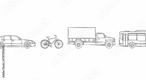 Vehicles in a row including car bicycle truck and bus transportation.