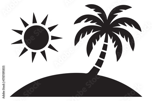 Tropical island tree silhouette icon with palm tree and ground shadow on a clean white background
