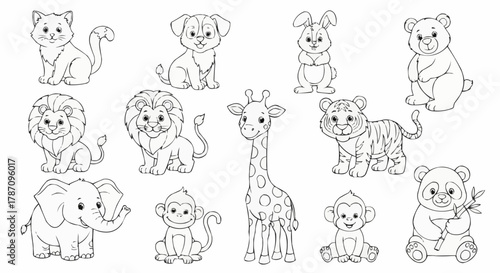 Photography Adorable black and white animal cartoon collection for kids.