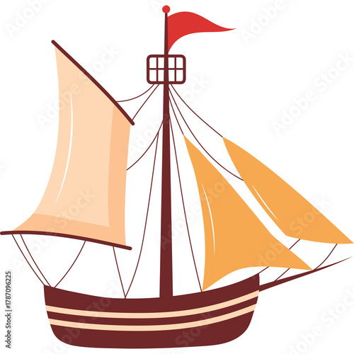 A Colorful Tall Ship With Orange And Cream Sails And A Red Flag Flying Against A Transparent Background Perfect For Nautical Themes