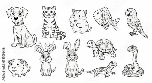 Collection of Hand Drawn Pet Animals in Line Art Style.