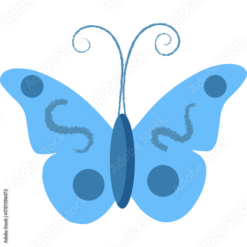A simple blue butterfly illustration with dark blue spots and curved antennae on a transparent background